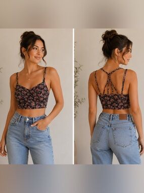 Forever 21 Floral Strappy Crop Top Medium Black Pink Ruched Bralette Cami